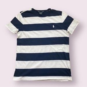 Ralph Lauren Sport Ladies Navy White Wide Striped T-Shirt Size Medium Cotton